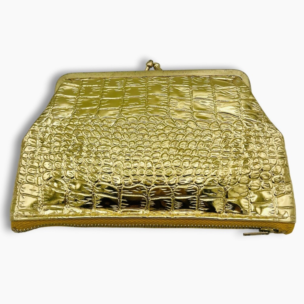 Vintage Bonny Gold Metallic Crocodile Embossed Kiss Lock Zipper Clutch Bag